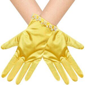 Women's Yellow Satin Pearl Short Length Wrist Gloves Wedding Banquet Party Prom